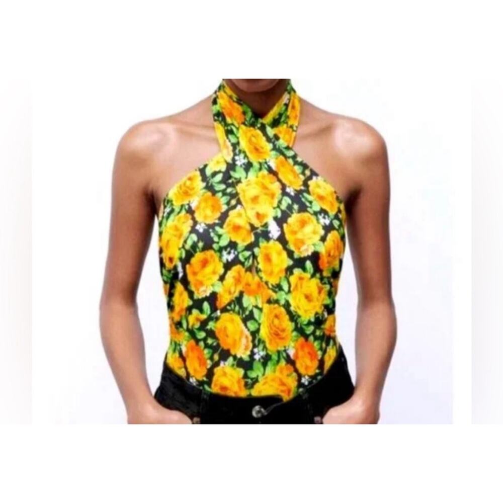 Zara Womens Rose Floral Printed Twist Neck Halter Bodysuit Medium New
